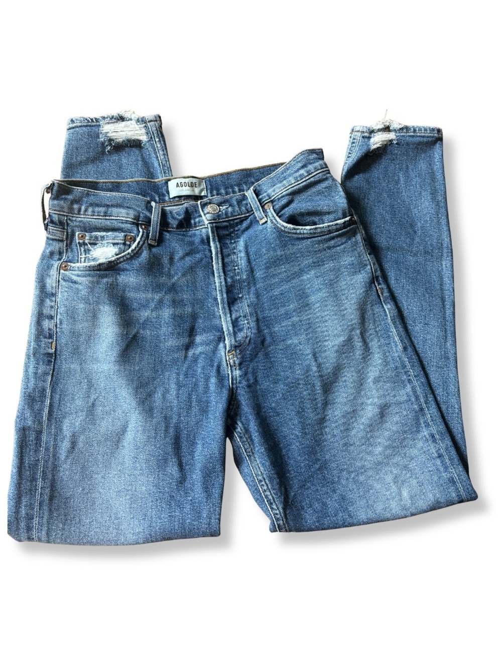AGOLDE Nico High Rise Jeans 28 Distressed Hem Button Fly Blue Denim 28x27